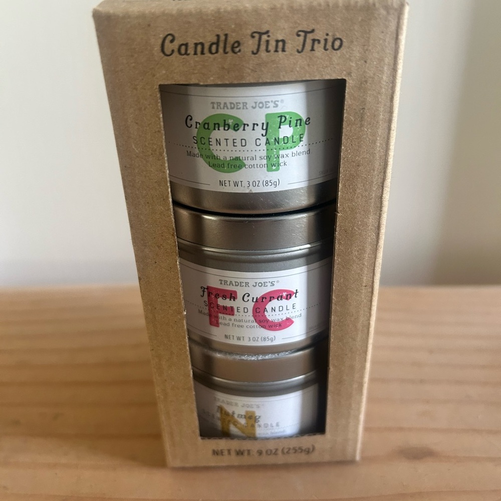 Trader Joes Scented Candle Tin Trio Cranberry Pine ~ Currant ~ Nutmeg Set NIB